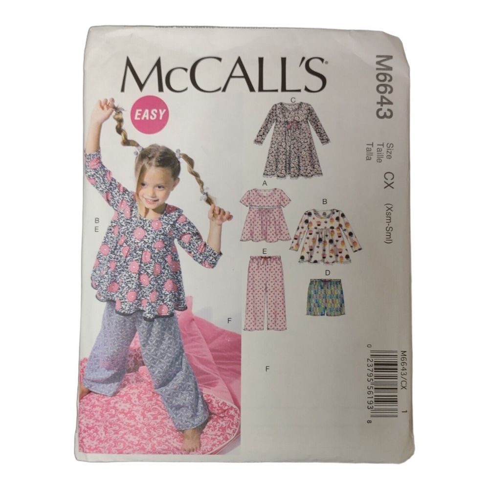 EASY MCCALL'S 6643 GIRLS TOPS/DRESS/SHORTS/PANTS/SLEEPING BAG SZ XS-S